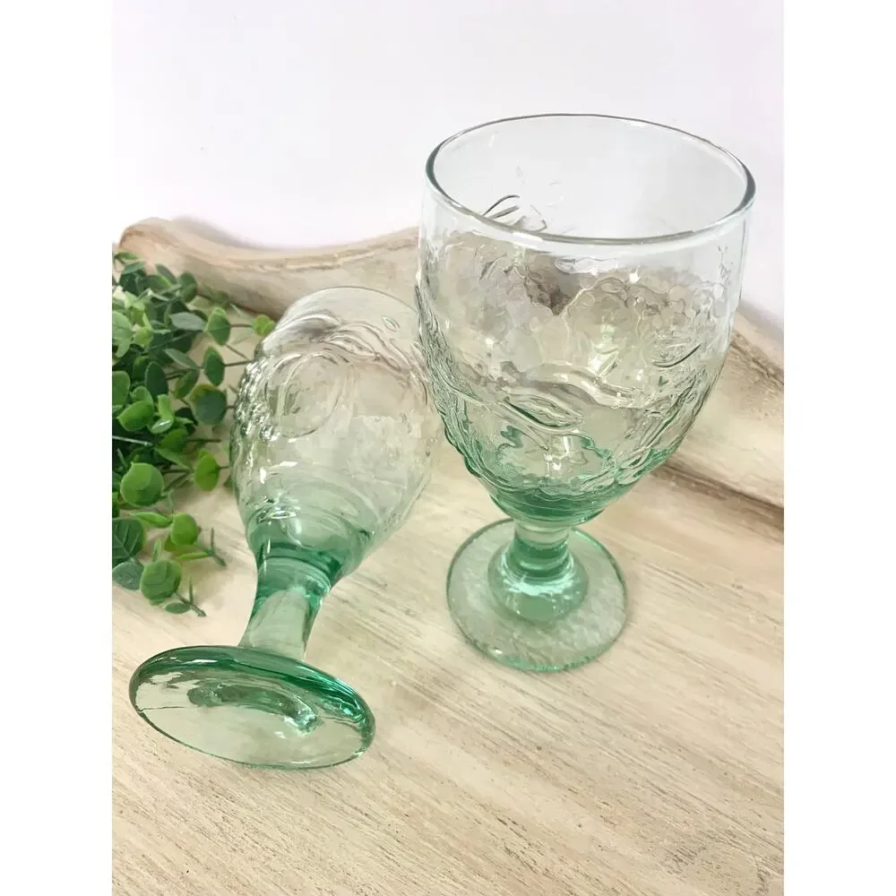 Vintage Libbey Orchard Fruit Green Glass Water Goblets Set of 2 Cottagecore